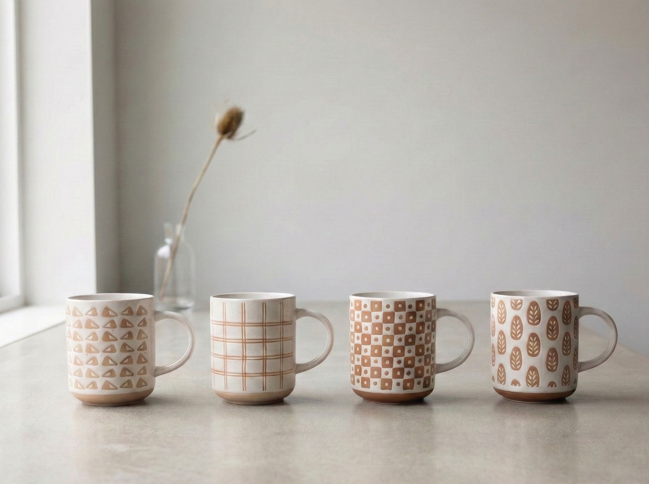 The Terra Collection: Artisanal Hand-Painted Geometric Stoneware Mugs (Set of 4)